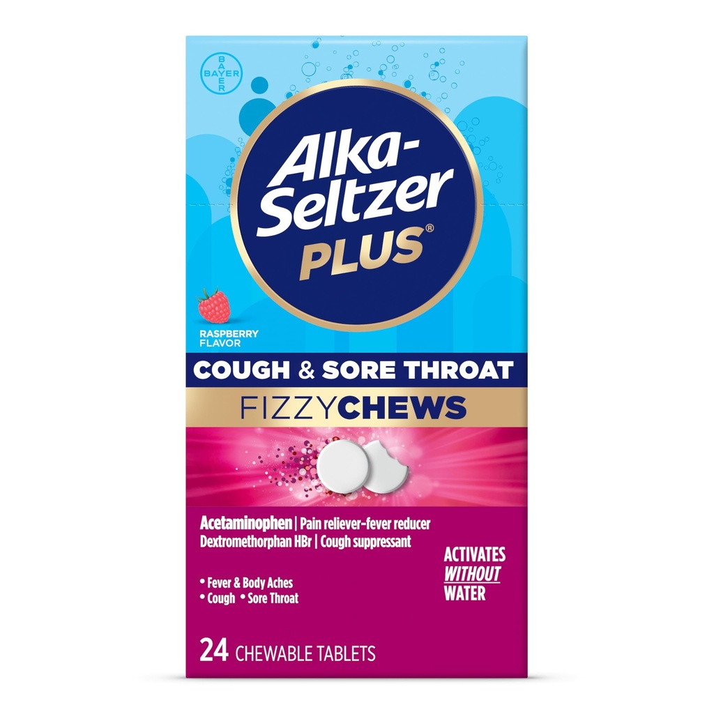 Alka-seltzer Plus Hoest & Sore Throat Fizzy Chews, Geen water nodig, On The Go Sore Throat Relief voor volwassenen, Raspberry Flavor, 24 Tellen