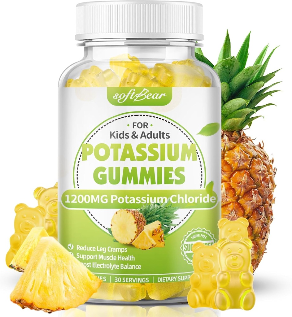 softbear Potassium Chloride Gummies 1200mg, Sugar-Free Potassium Gummies for Adults Support Leg Cramps High Potency Potassium Chloride Supplement, Pineapple Flavor 60 Count