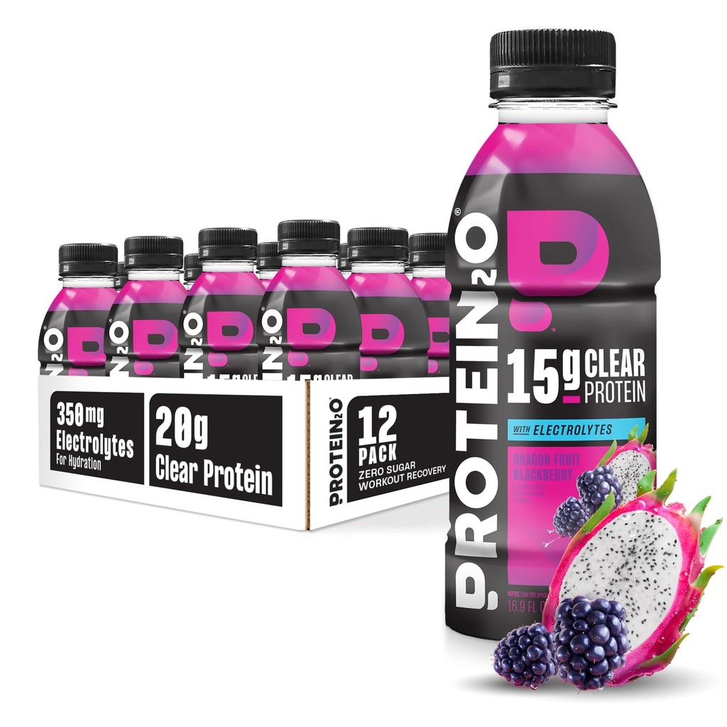 Proteïne2o Hydration Drink - 2-in-1 Liquid Clear Whey Protein Isolaat en Electrolyte Drink - 15g Proteïne, Vitaminen B5, B6 - Post-workout Herstel - 16,9 Fl Oz - 12 Telling Dragon fruit Blackberry