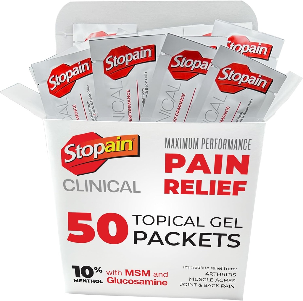 Stopain Pain Relief Clinical Gel Packets, USA Made, Max Strength Fast Acting with MSM, Glucosamine, Menthol for Artritis, Lower Back Sciatica, Knie, Neck HSA FSA Topical Analgetic Products, 50 Pack