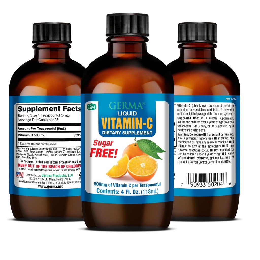Germa Sugar-Free Liquid Vitamin C. 500 mg. Snelle Absorptie Dieetsupplement. Immuun systeem Booster. 4 oz / 118ml