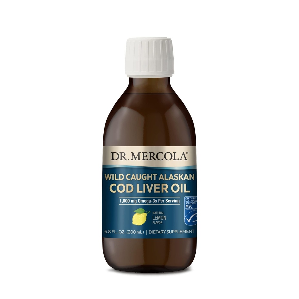 Dr. Mercola Wild Caught Alaska Cod Leverolie, 6,8 Fl. Oz. (200 ml), 40 Servings, 1000 mg Omega-3s Per Serving, Dieetsupplement, Ondersteunt Hersenen en Cognitieve Functie, Non-GMO, MSC Certified