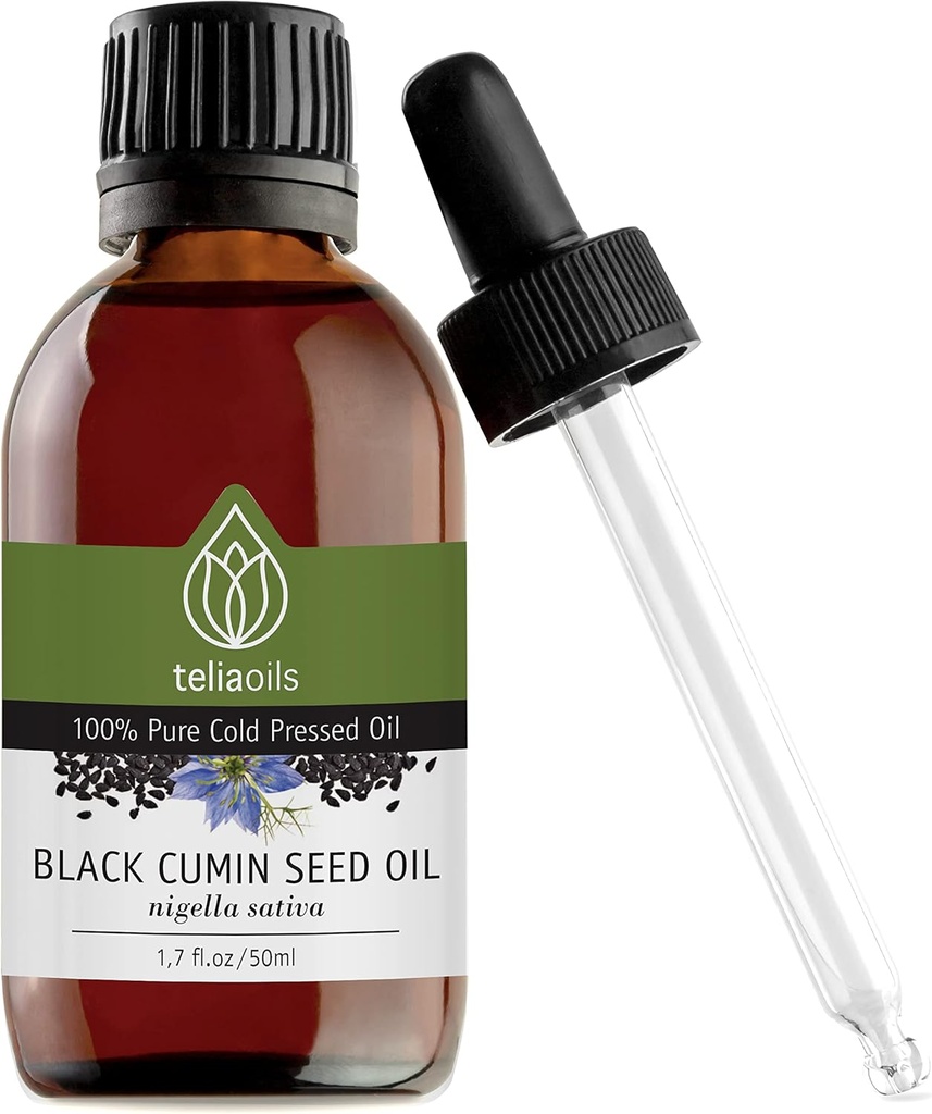 Teliaoils Black Seed Cumin Oil, 100% puur, natuurlijk, koud geperst, rijk aan Omega-3 & Omega-6 vetzuren & Polyfenolen Premium Grade, voor huid, nagels & haar, een uitstekende antioxidant