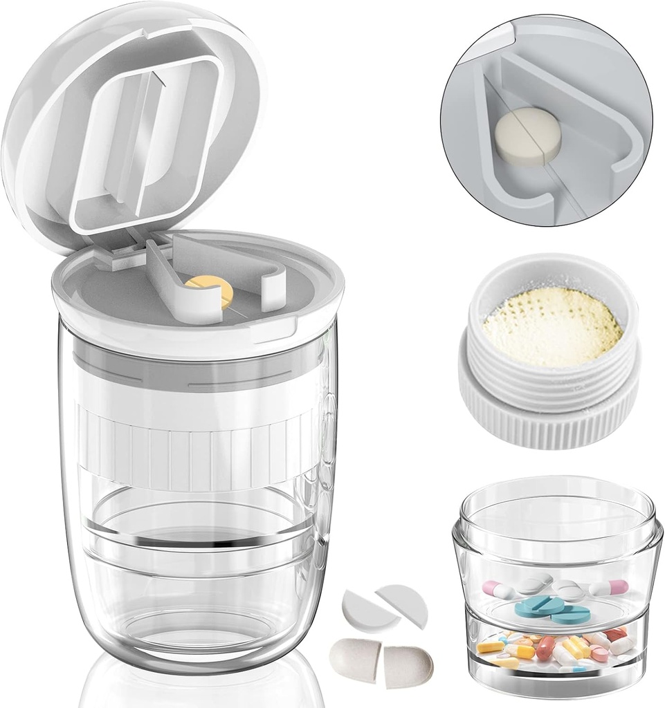 White-1 Pill Splitter en Cutter, Penselen tabletten, Vitaminen, Roestvrij stalen blad, Verwijderbare Drinkbeker
