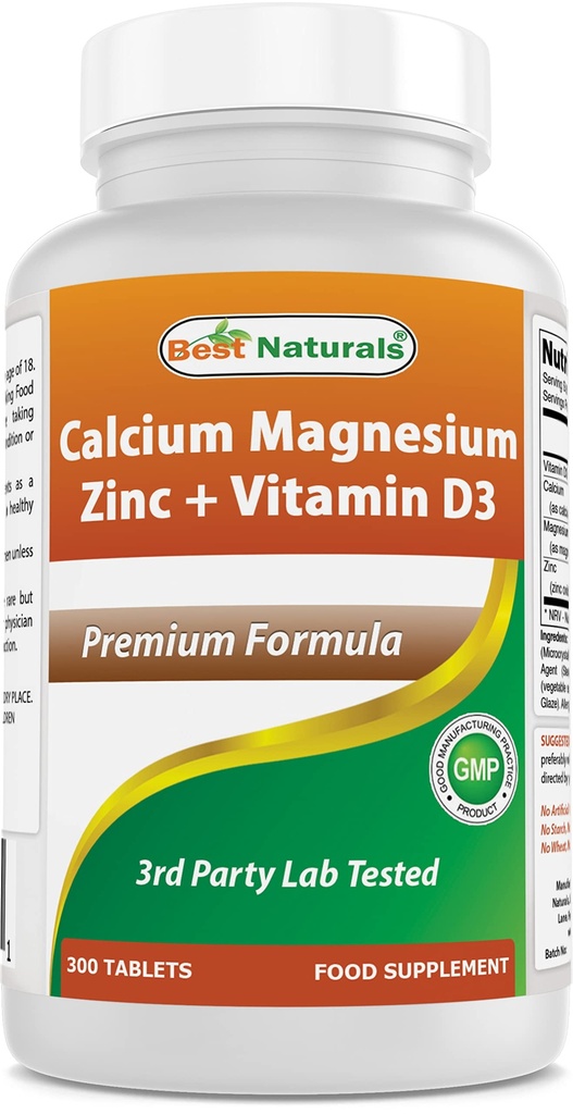 Best Naturals Calcium Magnesium Zink met Vitamine D3, 300 tabletten - Calcium 1000 mg, Magnesium 400 mg, Zink 25 mg & D3 600 IE per portie (3 tabletten)