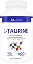 ML Naturals L-Taurine 1000 mg 180 Plantaardige Capsules. 99,9% Zuiverheid L-Taurine. Zenuwstelselgezondheid en antioxidantondersteuning, NSF-gecertificeerd en cGMP-compliant.