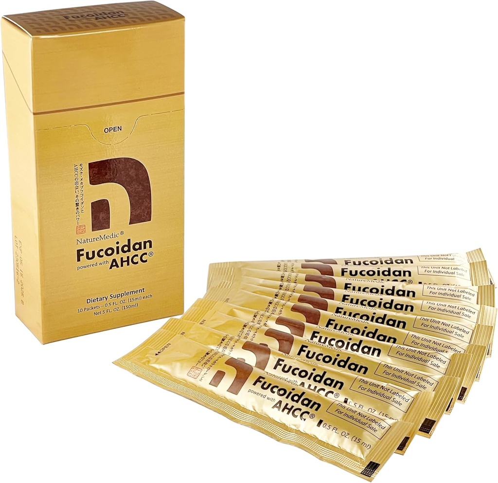 Fucoidan Powered with AHCC® Brown Seaweed Immunity Supplement with High Purity Organic Mekabu Mozuku Agaricus 10 Concentrated Liquid Extract Packets Made in Japan