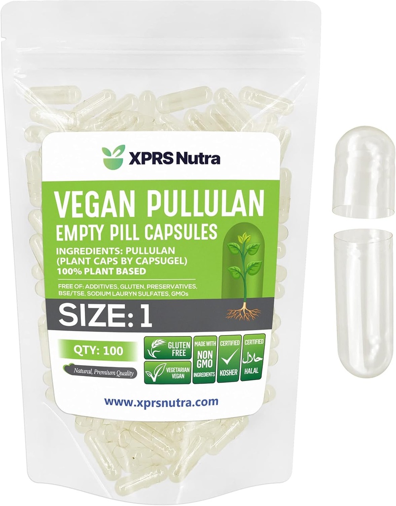 XPRS Nutra Maat 1 Pullulaanse Lege Capsules - 100 Tellen Clean Label Plantcaps Helder Lege Vegan Capsules - Premium Vegetarische Pillen - Do-It-Yourself Plantaardige Capsule vullen