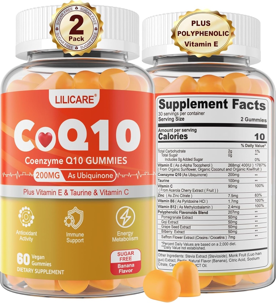 Suikervrije CoQ10 200mg Gummies - Co-enzym Q10 w/Taurine, Vitamine E, C, B6, B12, Zink - High Absorptie CoQ10 Supplement for Antioxidant, Cellular Energy & Hear-t Health, Vegan 120 C