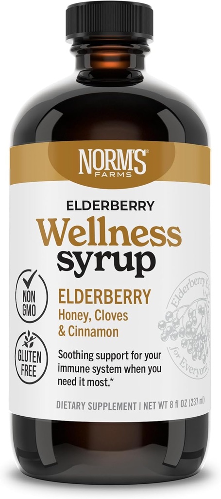 Norm's Farms Wellness Zwarte vlierbessen Siroop met honing, kaneel en kruid - Made in USA, Natuurlijke Immune Support, Geen Alcohol of Fillers, Glutenvrij, Non-GMO, Veganist, Pure Vlierbessen Siroop Siroop - 8 Oz