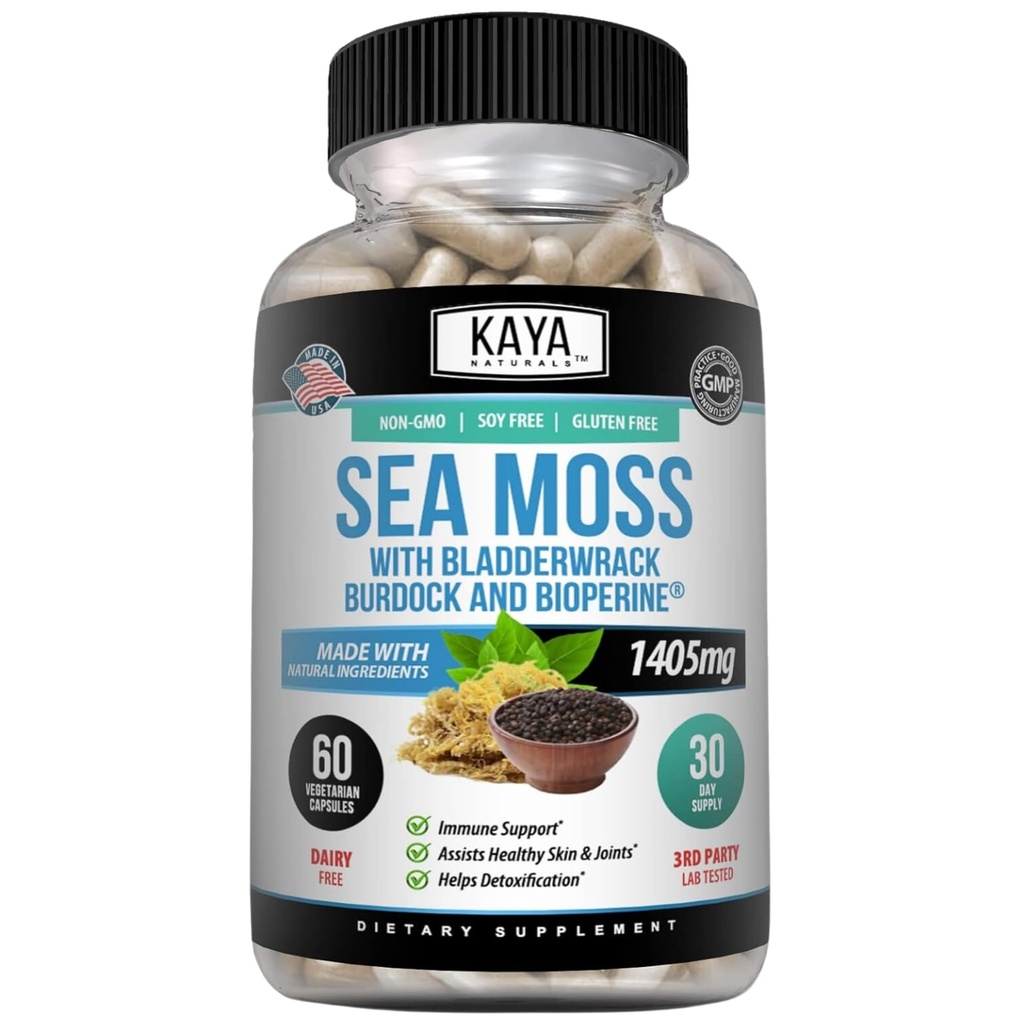 Kaya Naturals Sea Moss - Mobility Supplement for Men and Women - with Burdock Root, Irish Moss, Bladderwrack, en BioPerine - for Mobility Health and Immune Boost, 60 Count