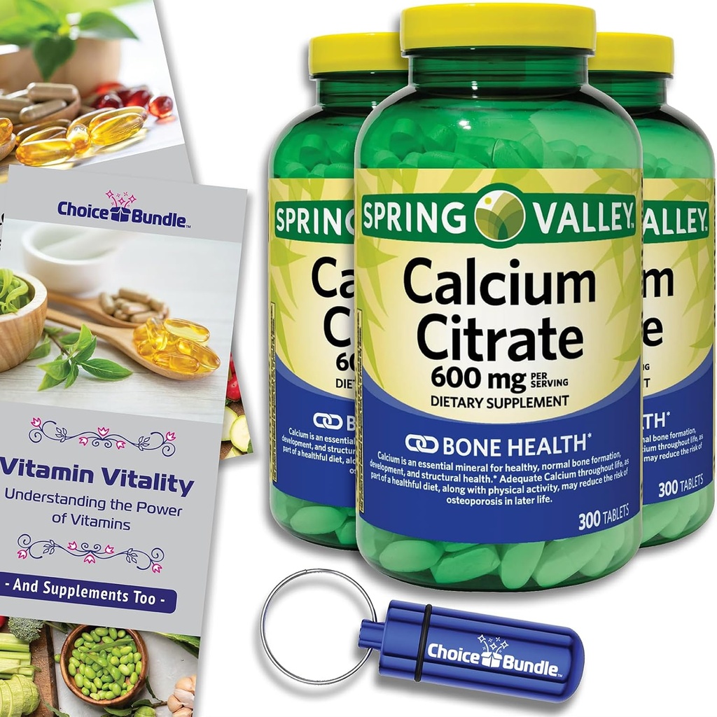 Spring Valley Calcium citraat tabletten Dieetsupplement 600 mg 300 Ct 3 pk Choice Bundle (900 Totaal) + Vitamine Guide & Pill Container (5 items)!