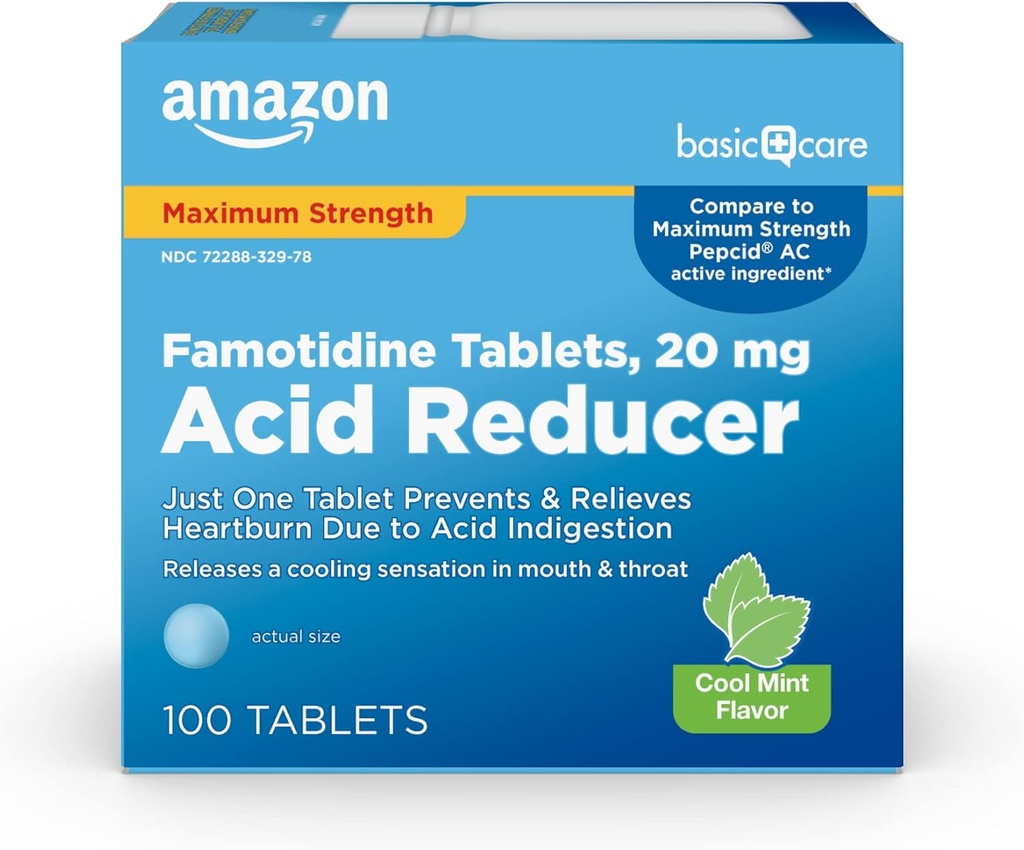 Basic Care Famotidine 20mg Cool Mint Tablets, 100 Telling, Wit