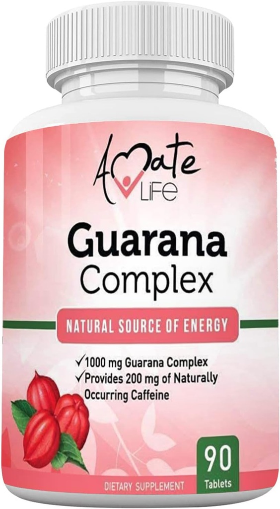 Amate Life Guarana Complex - Guarana Complex Energizer - Cafeïne Energiserende Supplement - Bron van Energie - Toenemende Mind Functies Supplement - 1000mg van Guarana - 90 Tabletten