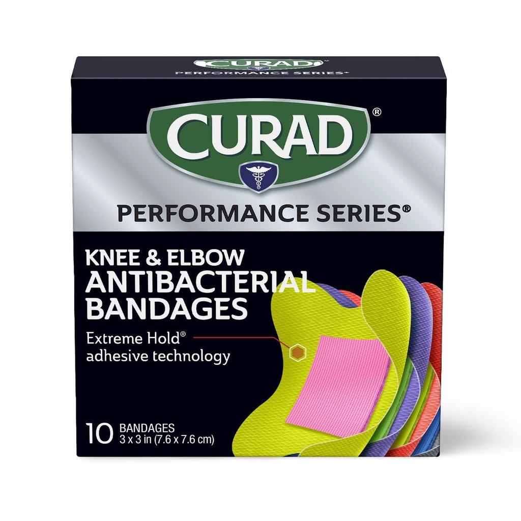 CURAD Performance Series IRONMAN Antibacteriële Bandages, Extreme Hold Kleeftechnologie, Knie & Elbow 3 inch x 3 inches, 10 Tellen, Ideaal voor knipsels, Scrapes, Sport, en actieve Lifestyles