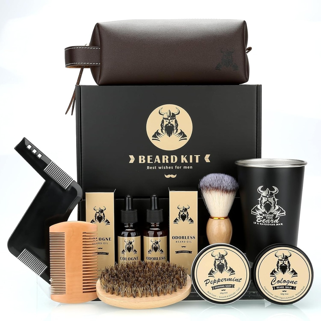 Beard Kit Gifts for Men, Father's Day Birthday Gifts for Men Dad Him, Grooming & Trimming Tool Complete Set, Beard Care Kit with 2 Beard Growth Oil/Balm/Brush/Comb/Shaving Soap/Cup&Storage Bag
