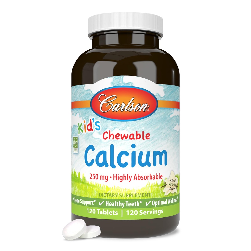 Carlson - Kauwbare calcium, 250 mg, Zeer absorbeerbaar, Bone & Teeth Support, Optimale Wellness, Natuurlijke Vanille Smaak, 120 tabletten