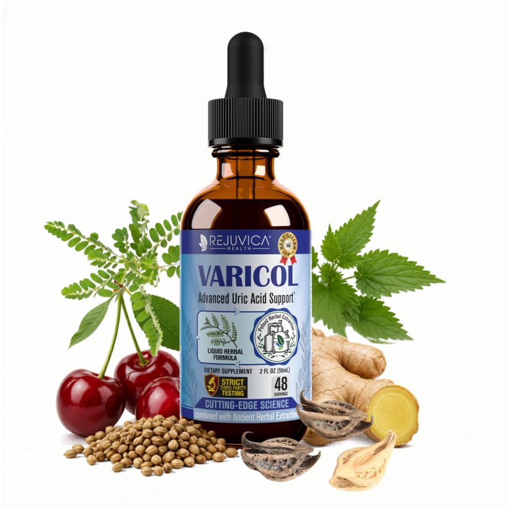 Varicol - Uric Acid Support Liquid Drops - Comfortabele gewrichts- en nierondersteuning met Tart Cherry, Chanca Piedra, Selderijzaad + Gemberextract Complex - Vegan, Sugar-Free Supplement - 2 fl oz