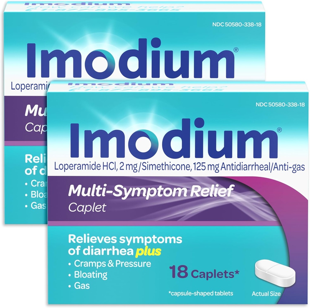 Imodium Multi-Symptom Relief Caplets with Loperamide Hydrochloride and Simethicone, Anti-Diarrheal Medicine for Treatment of Diarrhea, Gas, Bloating, Cramps & Pressure, 2 Pack