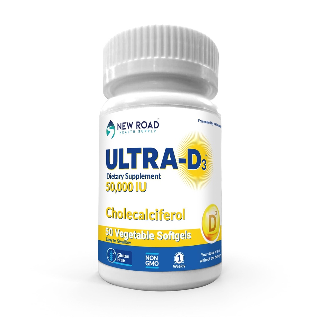 Nieuwe Road Health Supply, High-Potency Vitamine D3 50.000 IE, Once-Weekly Softgel, Ondersteunt bot, tanden & Immune Health, Gemakkelijk te slikken, Gluten-vrij, 50 Tellen