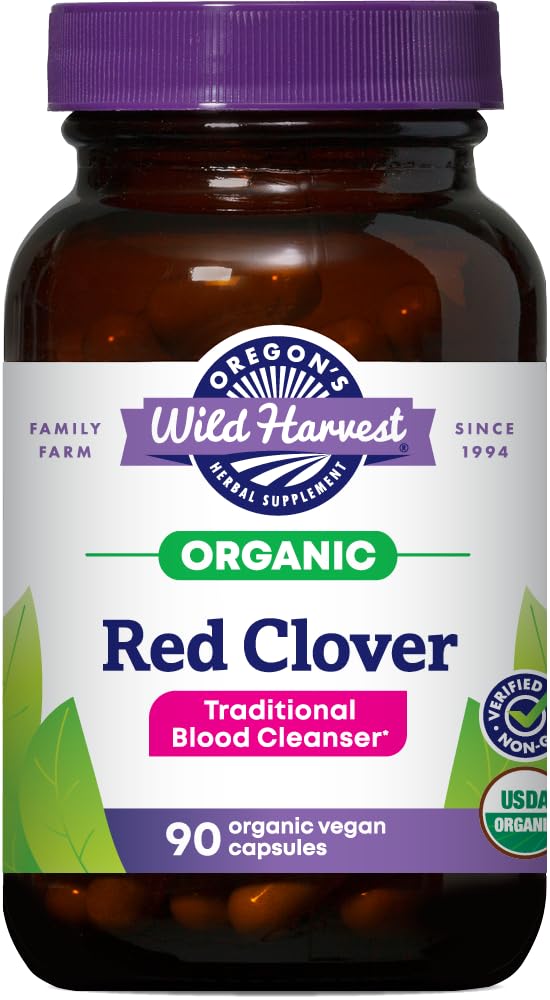 Oregon's Wild Harvest Red Clover Capsules, Non-GMO Organic Herbal Supplements, 90 Telling,Organic Red Clover Blossoms and Leaf (Trifolium pratense), Non-GMO Vegan Capsules and Nothing Else