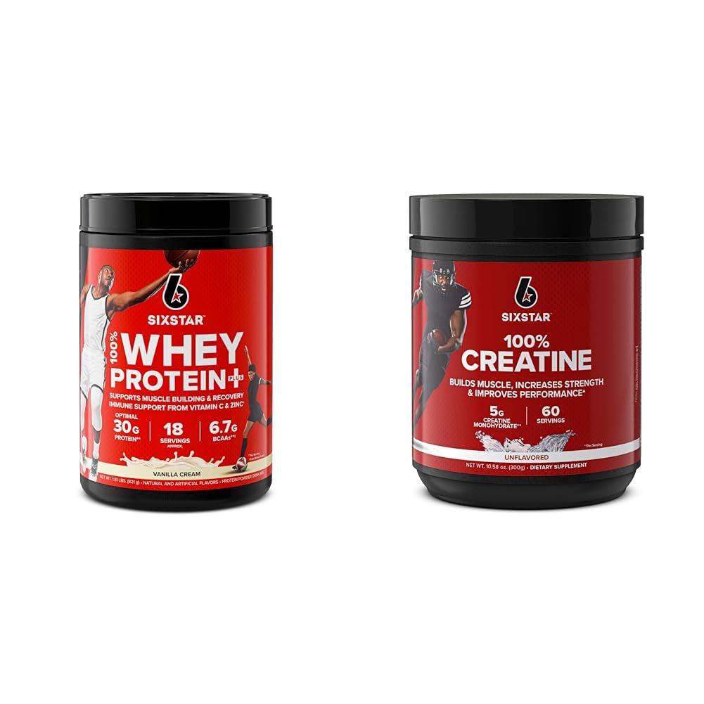 Six Star Whey Protein Plus & Createine Monohydraat Poederbundel vanille Wei Proteïne Isolaat 1,8 lbs & Unflavored Creatine 60 Servers