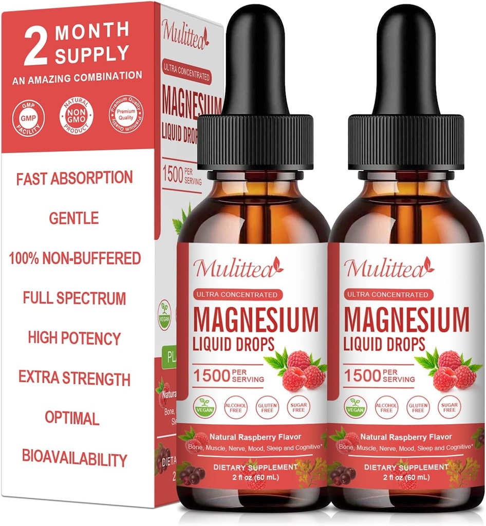 (2 Pack) Magnesium Glycinate Liquid Drops w/ 1500mg Magnesium Glycinate, Taurate, Malate, Citrate, Calcium Plus Kalium voor nerve, Bone, Heart Health & Energy Zzz - High Absorptie-Raspberry Flavor
