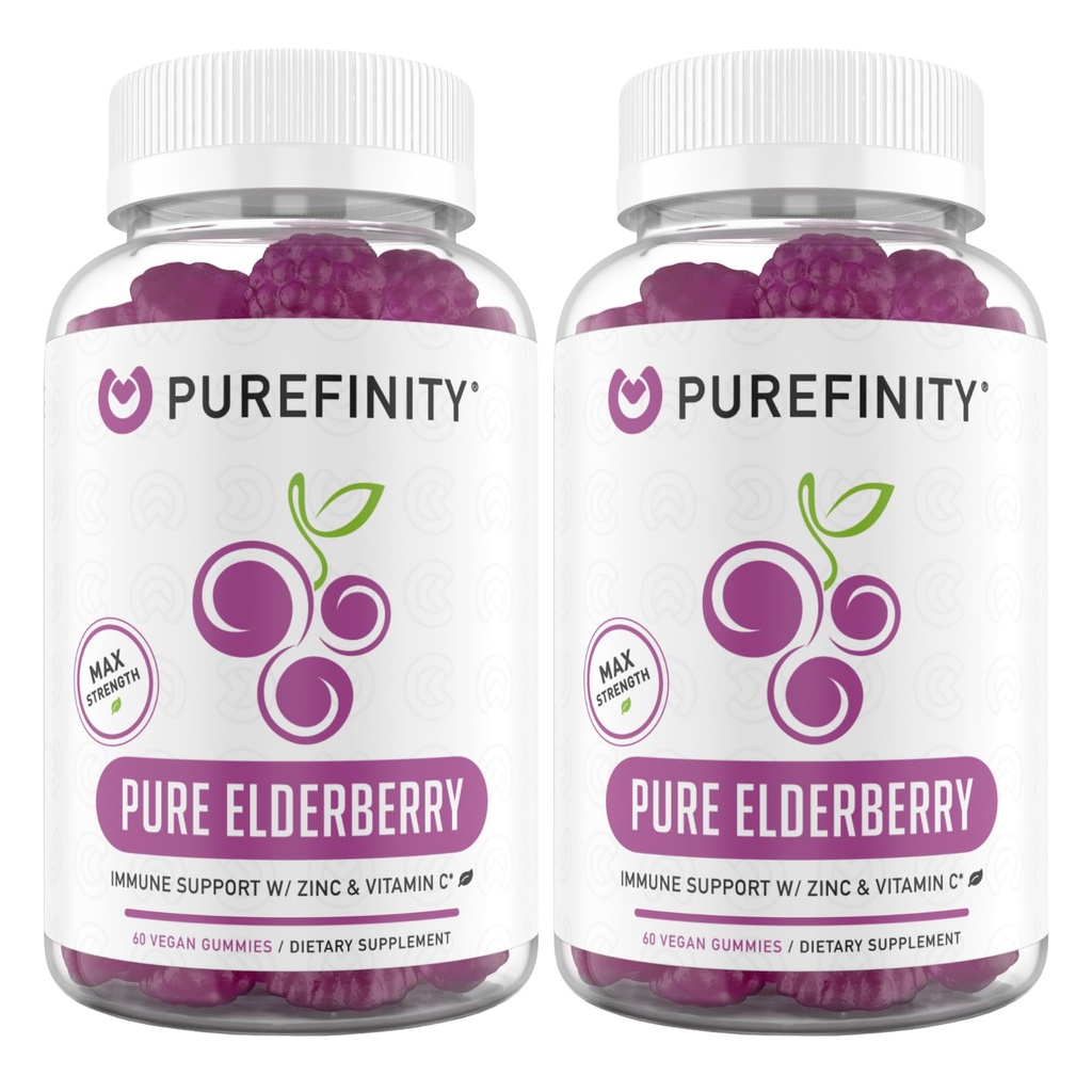 PUREFINITY Vlierbessen Gummies met Sambucus, Vitamine C, en Zink Uw perfecte dagelijkse 3-in-1 supplement voor kinderen en volwassenen Glutenvrij, Non-GMO, Veganistisch, 60 Tellen (pakket van 2)