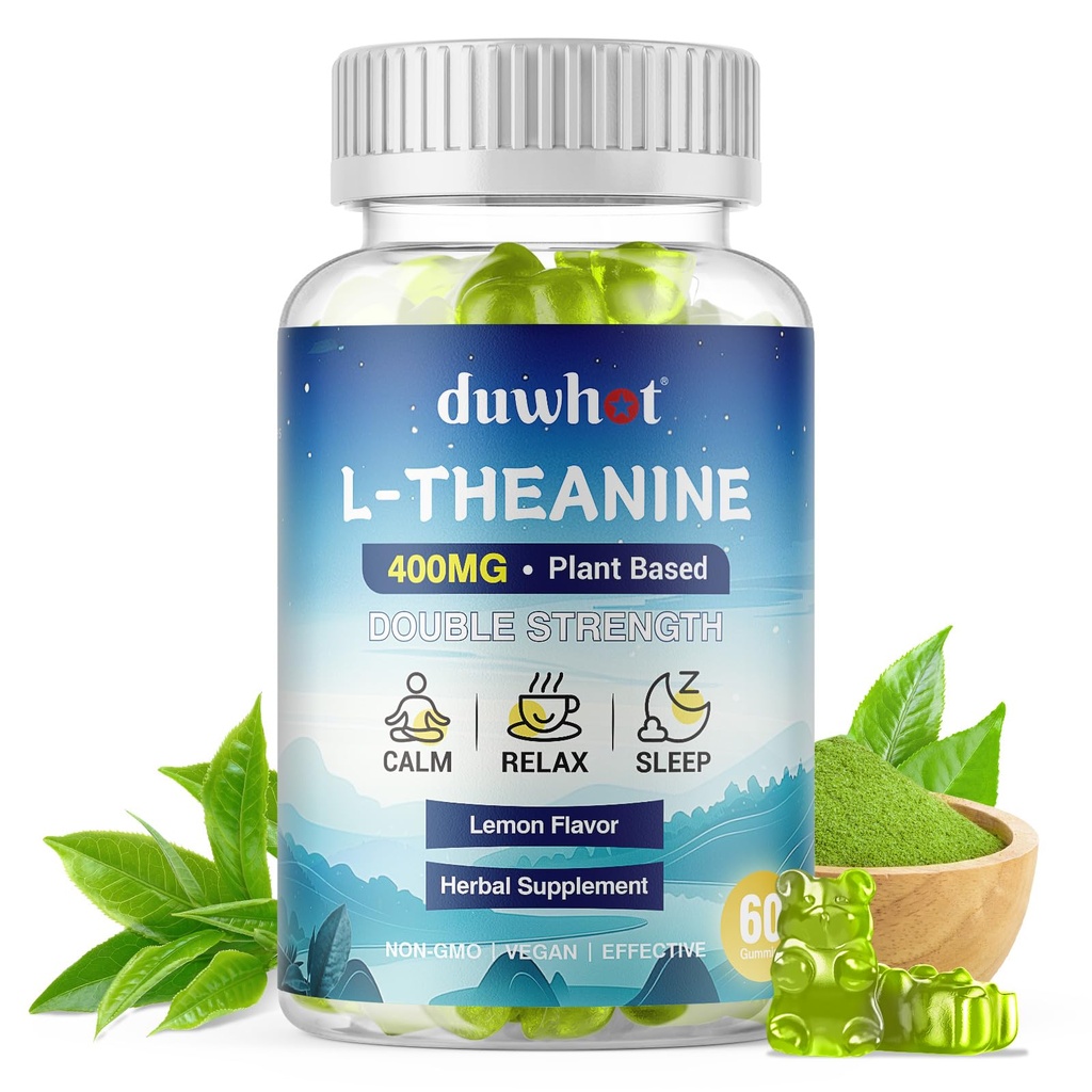 L-Theanine Gummies 400mg, Kauwbare Theanine Supplement voor Volwassenen & Kids 4+, Natuurlijke Stress Relief, zzZ & Focus Supplement, Veganistisch, Lage Suiker, Niet-Drowsy, Lemon Flavor, 60 Kauwtabletten