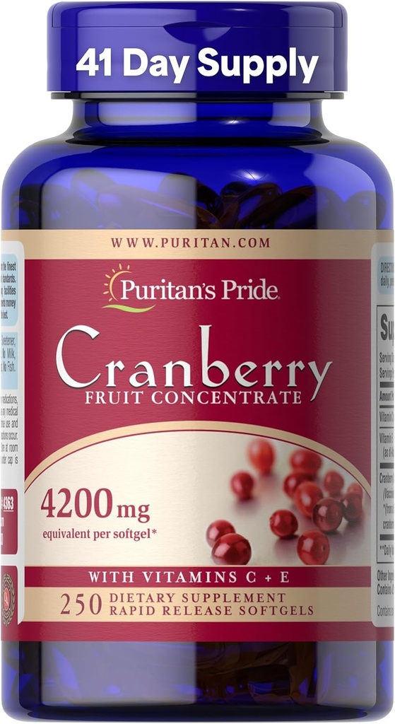 Puritan's Pride Premium Cranberry Fruit Concentraat 84 mg (4200 mg equivalent) met vitamine C en E, Dieetsupplement voor Immune System Support, 4 maanden Supply, 250 Rapid Release Softgels