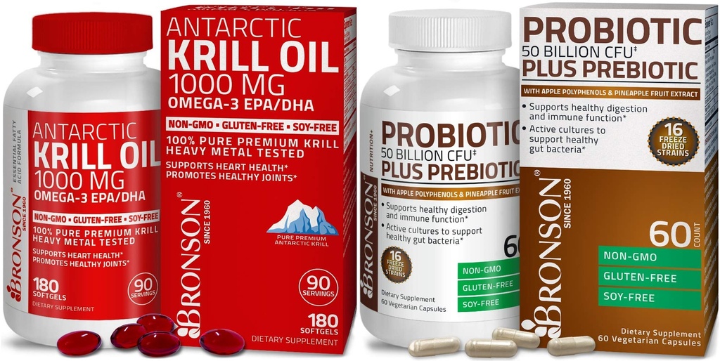 Bronson Probiotic 50 Miljard CFU + Prebiotic with Apple Polyfenols & Ananas Fruit Extrac Antarctic Krill Oil 1000 mg with Omega-3s EPA DHA