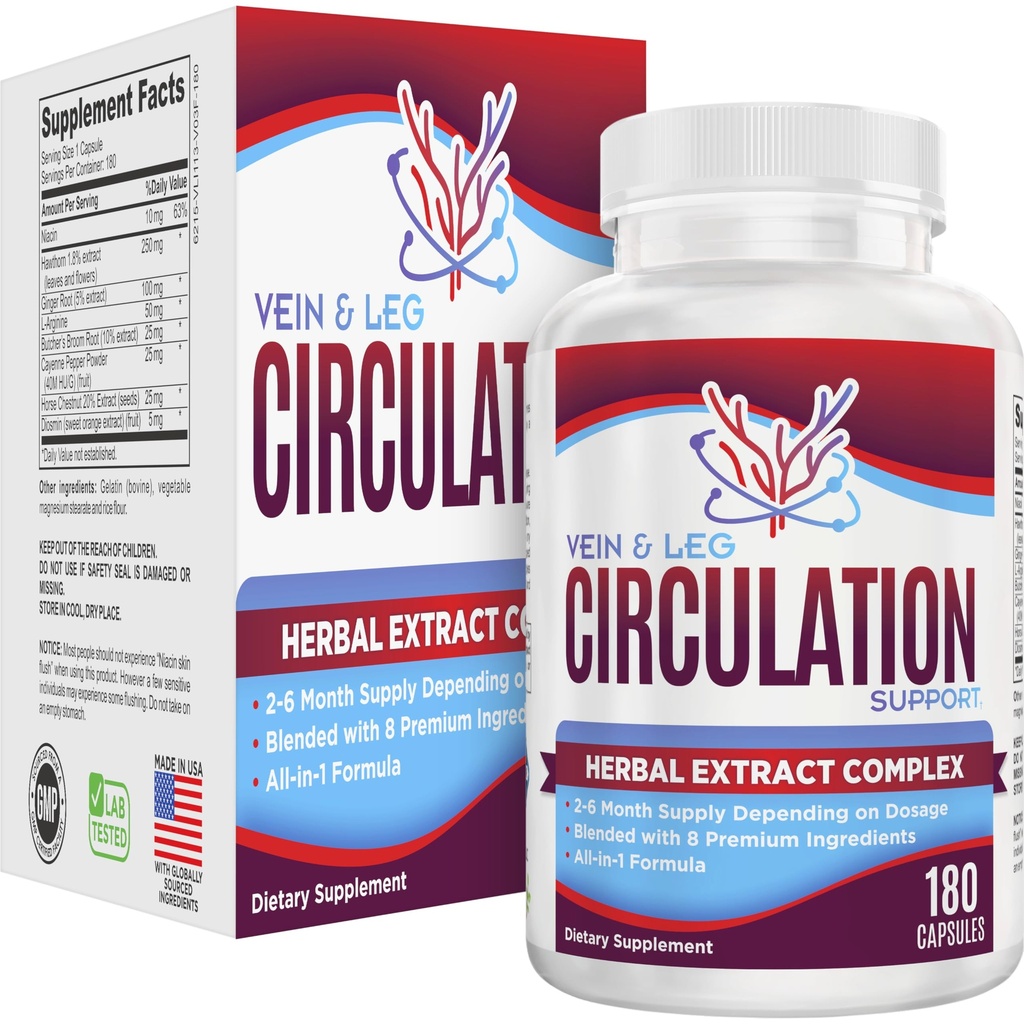 2-maands: Vein & Leg Circulatie Supplement (All-in-1) Gezondheidsondersteuning met 8 actieve ingrediënten Booster Formule Booster Pleeg & Vein Supplementen 60 dagen Bulk Supply 180 capsules