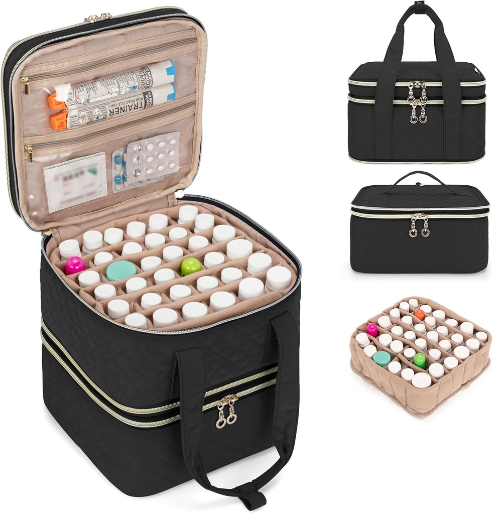 Yarwo Pill Bottle Organizer Storage Bag, 3 Lagen Medicine Travel Case Leeg met Demontable Design en Dividers voor pillen, drankjes, vitamines en Emergency eerste hulp supplies, zwart (PATENT DESIGN)