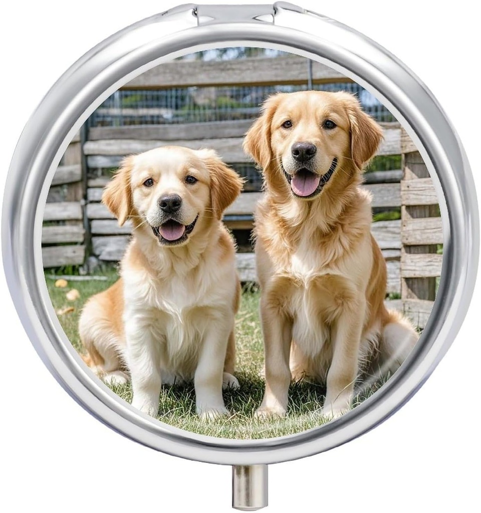 Ronde pil geval 3 Compartiment Golden Retriever Honden Puppies Huisdieren pil Box Mini Geneeskunde pil Organizer Portable Travel Pillbox voor Pocket Purse metalen pil Container voor vitamines Visolie supplementen