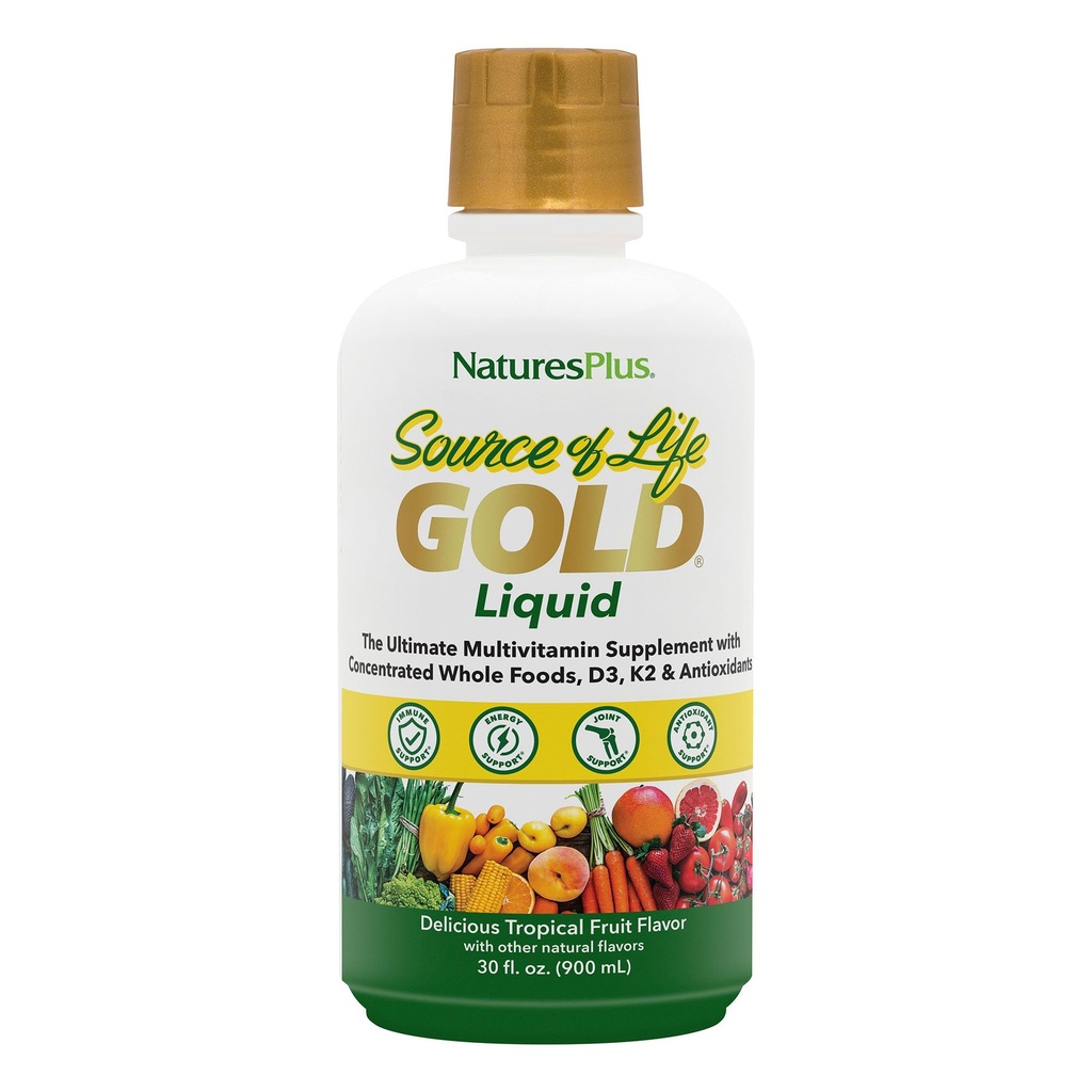 NaturesPlus Bron van het leven Goud Multivitamine Vloeistof 30 oz Ondersteunt energieproductie, gezond immuunsysteem en welzijn Inclusief vitamines D3, B12, K2 en meer 120 Whole Food Nutriënten - 30 porties
