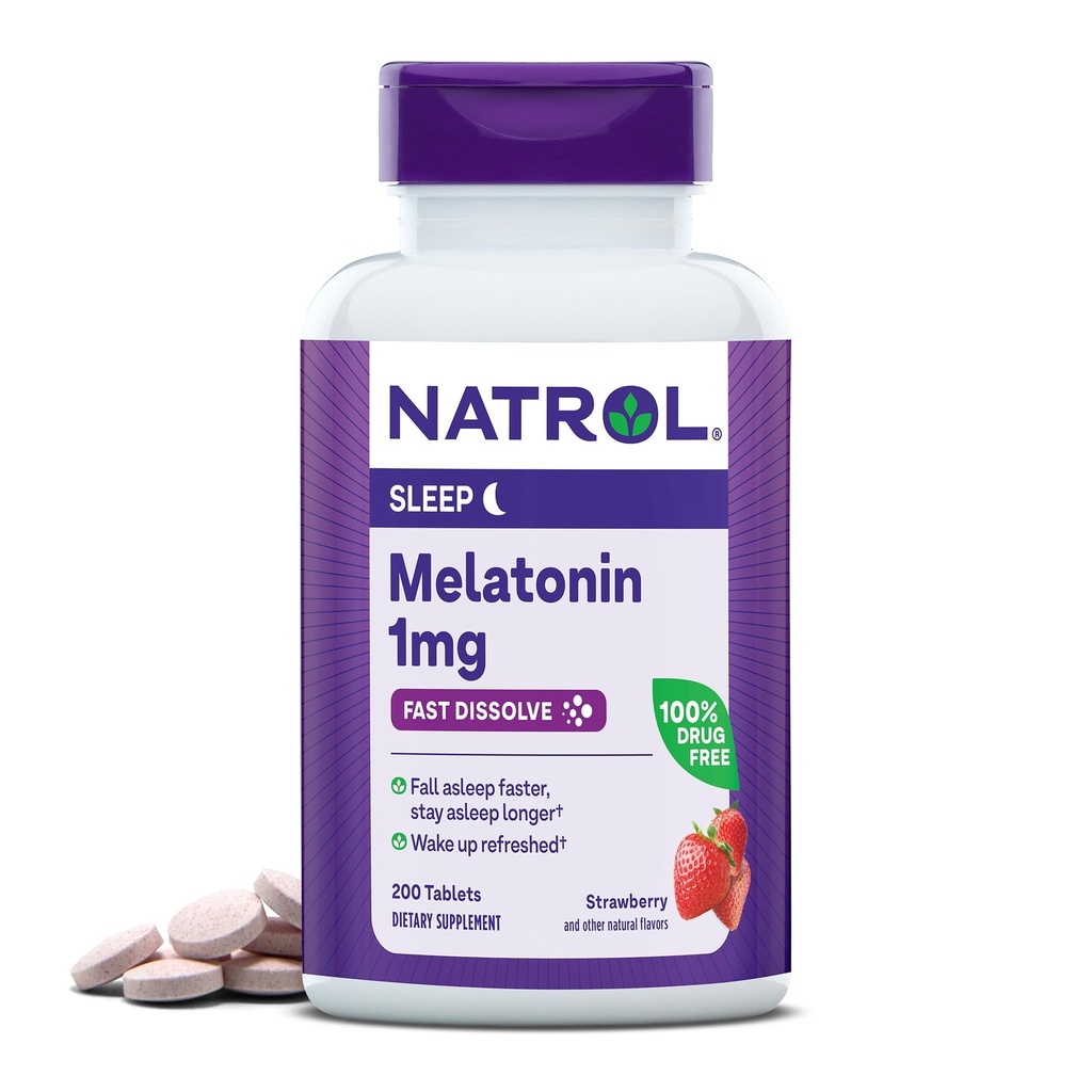 Natrol Snel oplossen Melatonine 1 mg, Supplementen voor Rustige Slaap, Slaap Ondersteuning voor Volwassenen, 200 Aardbei-Gearomatiseerde Melatonine Tablets, Tot een 200 Dag Supply