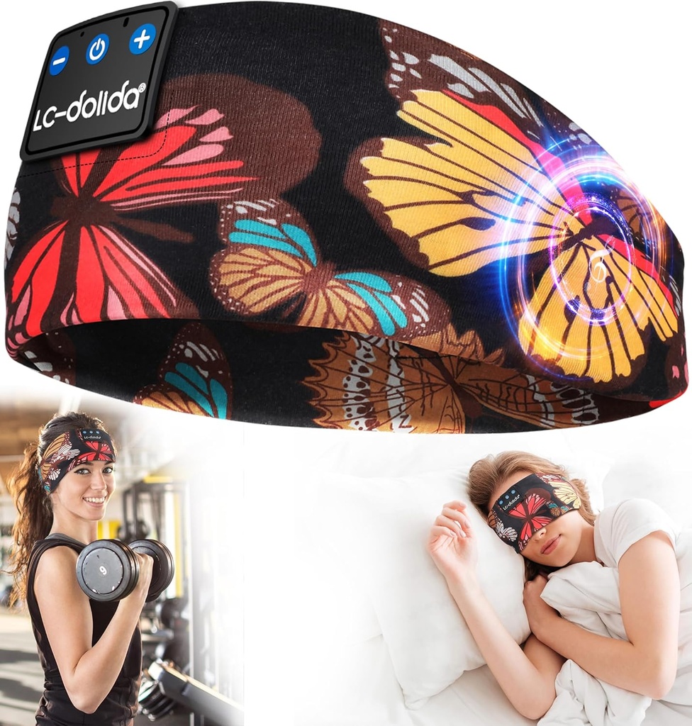 LC-dolida Slaapkoptelefoons Hoofdband Bluetooth 5.4, Sport Headband Oortelefoons Draadloos met luidspreker Microfoon USB C voor Vrouwen Slapen Gift Workout Jogging Yoga Insomnia Travel Meditatie, Vlinder