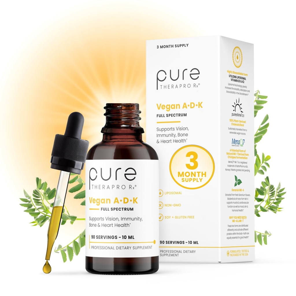 Pure Therapro Rx Vegan A-D-K Drops 10 Ml, Made in USA 3 Month Supply 