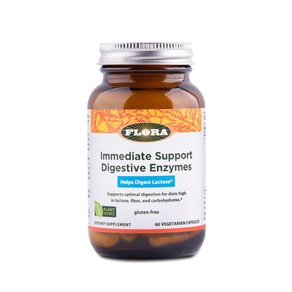 Flora - Onmiddellijke ondersteuning Digestieve enzymen - Ondersteunt Lactosedigestie, opgeblazen gevoel, brandend maagzuur en gas - Bevat 7 enzymen - Glutenvrije - 60 Vegetarische capsules