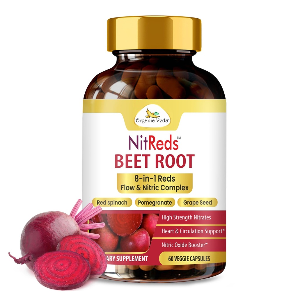 Biologische Veda Beetwortel Triple Reds Flow & Nitric Oxidation Supplement, 20:1 Extract -High Strength Nitrics Supplements with Super Red Foods Beetwortel, Granaatappel, Red Seattle Extract, 60 Capsule
