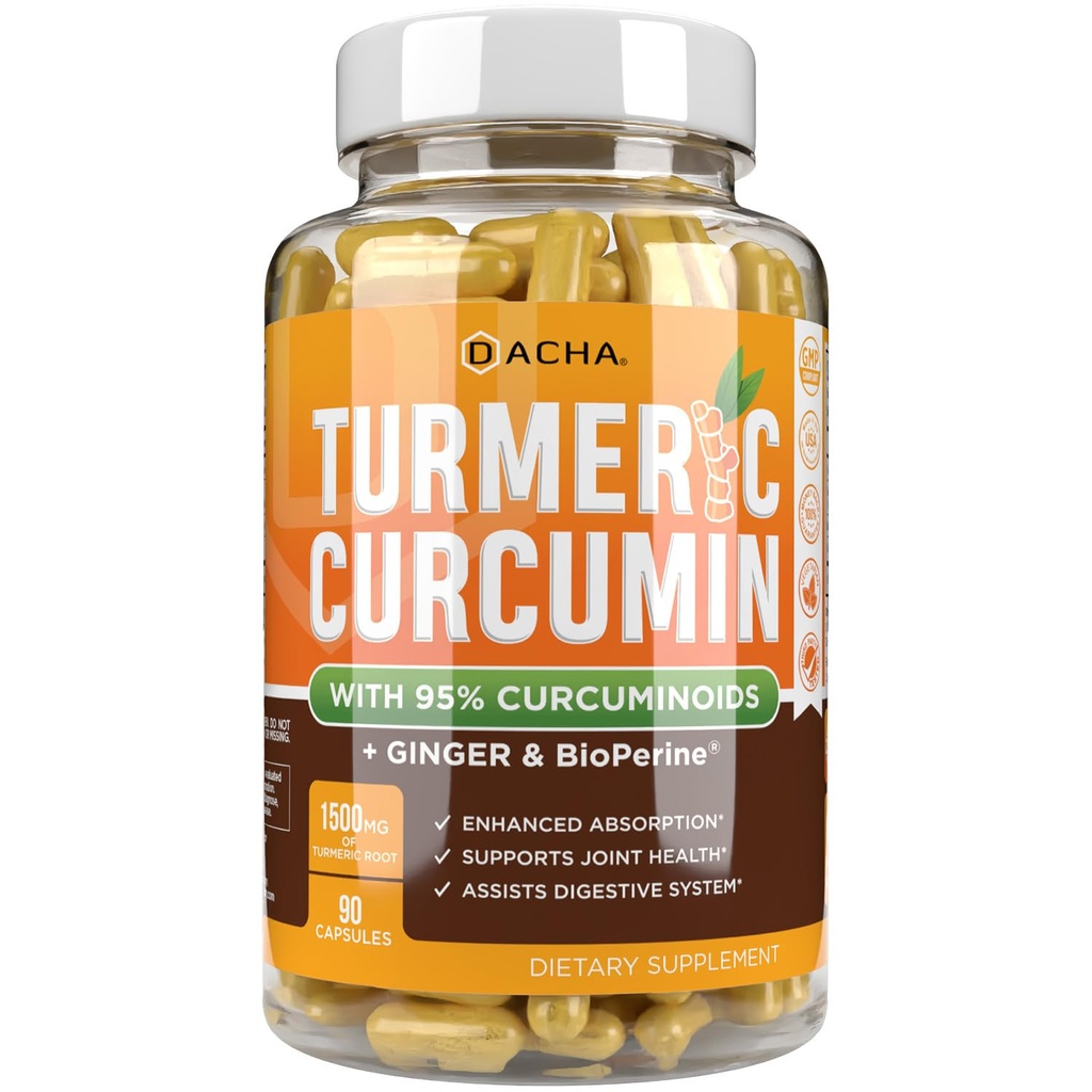 DACHA Tumeric Curcumin Supplement - 2250mg Joint Support Supplementen Kurkuma met zwarte peper gember 95% Curcuminoïden Capsules