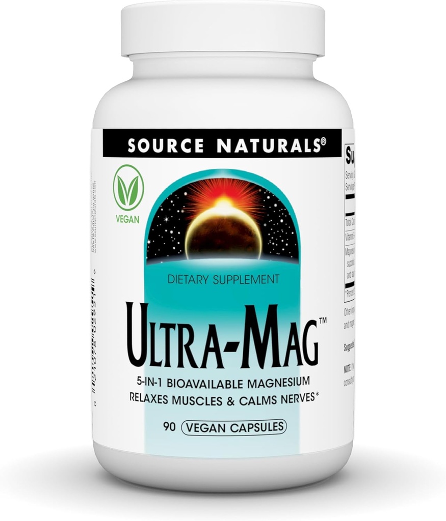 Bron Naturals Ultra-Mag, Vegan Dietary Supplement, 5-in1 Bio available Magnesium, Relaxes Muscles & Calms Nerves*, Vegan Capsules (90)