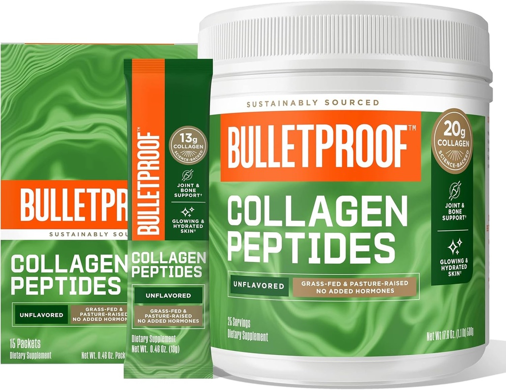 Bulletproof Unflavored Collageen Proteïne Poeder, 18g Proteïne, 17,6 Oz, Unflavored Collageen Proteïne Poeder GoPacks, 12g Proteïne, 15 Pack, Grass Fed Collageen Peptiden en Aminozuren