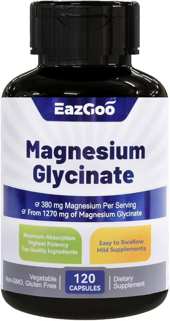 Magnesium Glycinate Capsules 1270mg, 380mg Magnesium Supplement, Hoge Absorptie Magnesium Glycinate Supplement, Non-GMO Geen Gluten, 120 Capsules