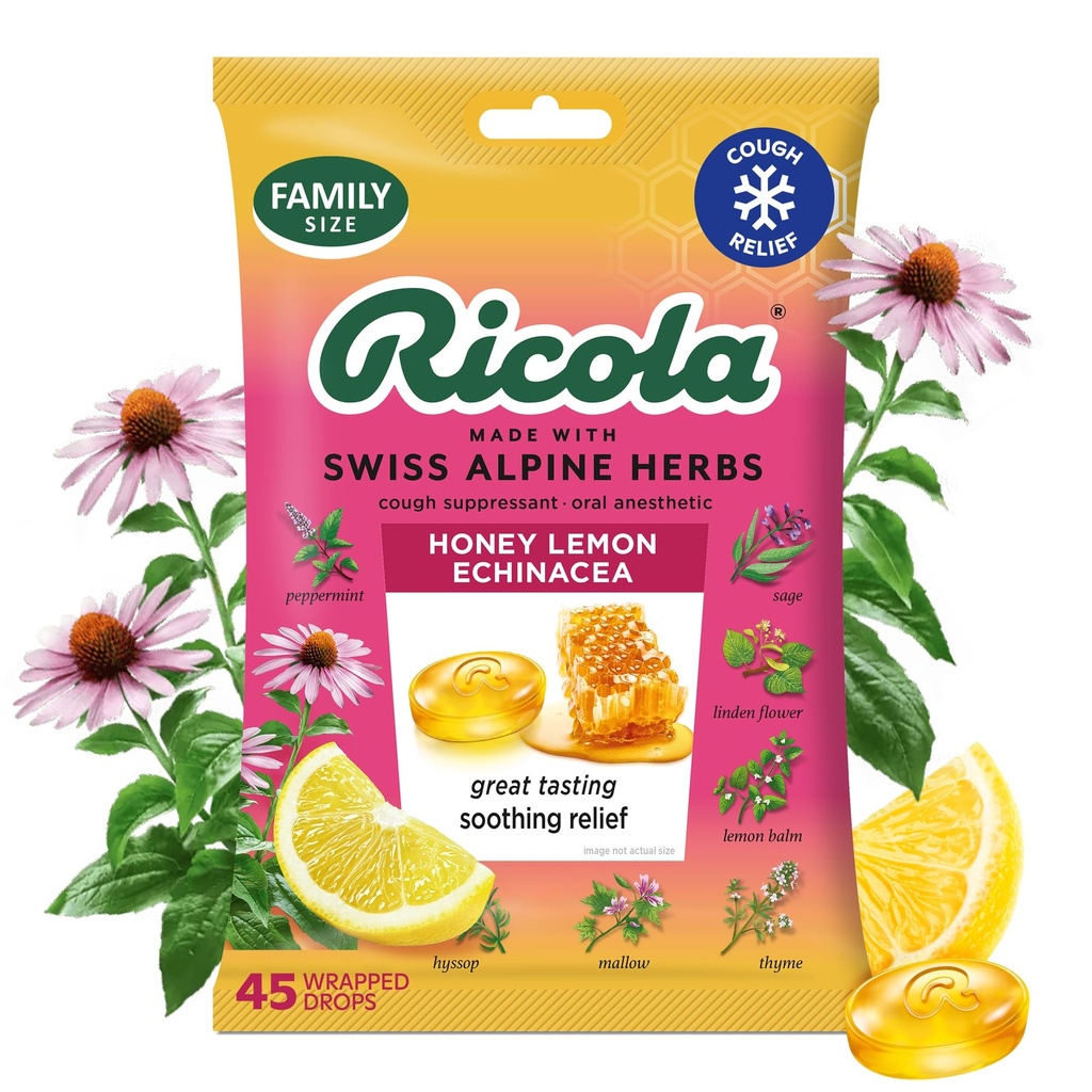Ricola Honey Lemon met Echinacea Cough Drops, 45 Graaf, Delicious Throat Relief & Care, Orale Verdoving, Natuurlijk Gearomatiseerd