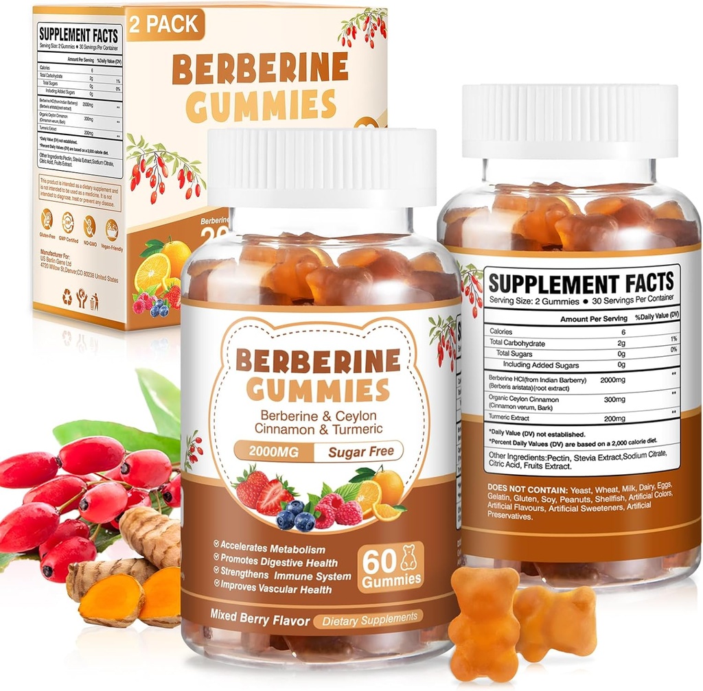 120 Graaf Berberine Extract Gummies 2000mg Natural Organic Berberine Extract HCI Supplement met Ceylon kaneel Kurkuma voor vrouwen Mannen ondersteunen spijsvertering immuunsysteem Metabolisme gemengde Berry smaak