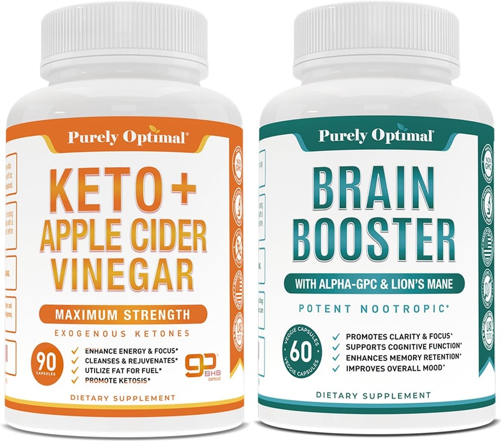 Pure Optimale Premium Keto Pillen + Apple Cider Vinegar Capsules met Moeder + Premium Brain Supplement - Nootrope Brain Booster voor Focus, Helderheid, Verbeterd Geheugen, Concentratie & Better Mood
