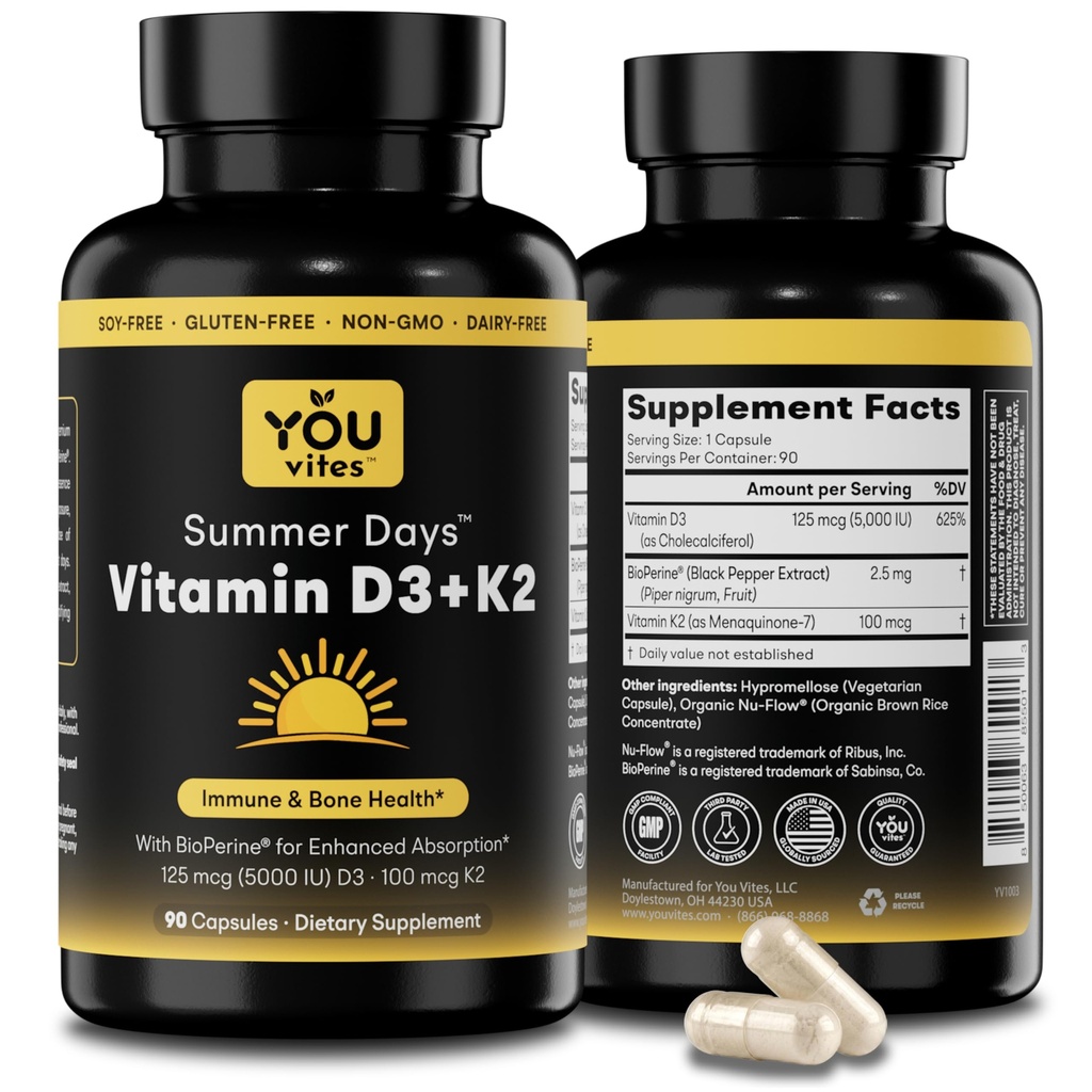 Vitamine D3 + K2 - Max Absorptie, 5000 IE D3 & 100 mcg K2 MK-7 (Menachinon-7) met BioPerine - Bone, Heart & Immune Support - Non-GMO, Glutenvrij, Sojavrij - 90 capsules - Dagelijks supplement