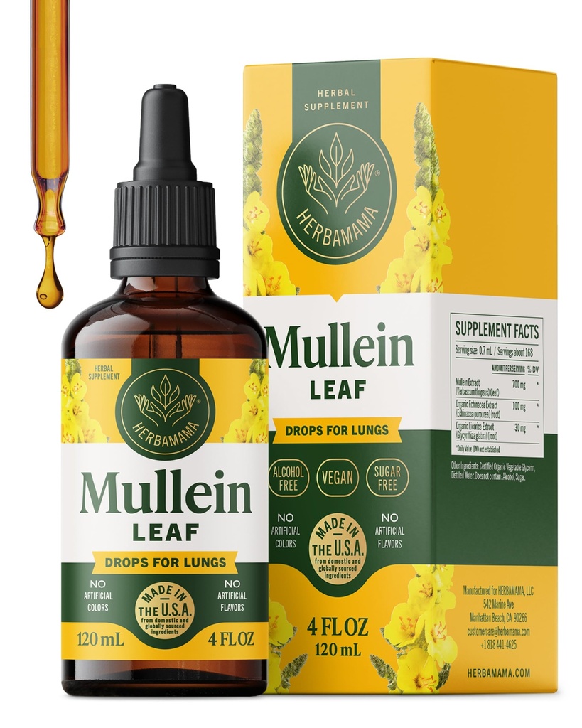 HERBAMAMA Mullein Drops for Longs - Vegan Lung Cleanse with Mullein Leaf Extract, Echinacea Tinctuur & Licorice - Non-GMO, Alcohol & Sugar-Free Respiratory Support Supplement - 56-Day Supply