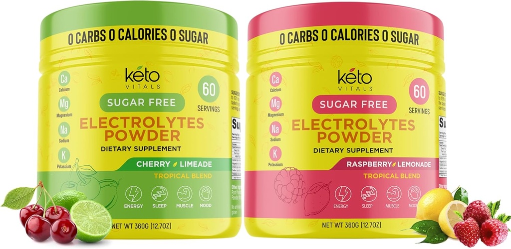 Keto Vitals Cherry Limeade Bundel met Raspberry Limonade - 2 Pack Bundle Keto Electrolytes Poeder - Elektrolyten met Kalium, Magnesium, Natrium, Calcium - Cherry Limeade & Raspberry Limonade